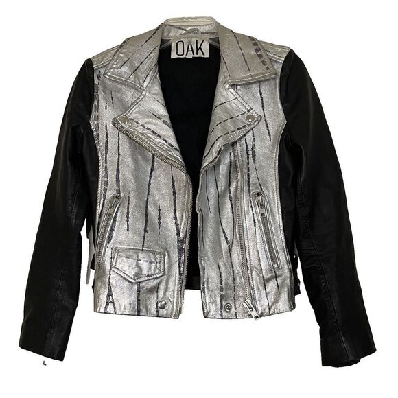OAK Jackets & Blazers - OAK Genuine Leather Black and silver metallic motorcycle riding zip up jacket S